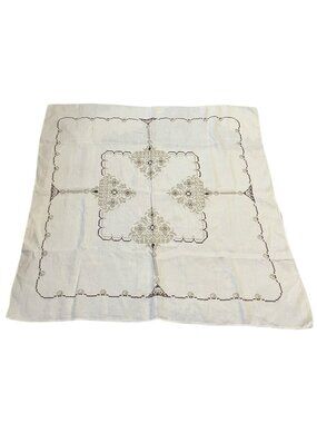 Vintage Hand Embroidered Linen Tablecloth 34x34 Square Cream Brown Floral Cutwor